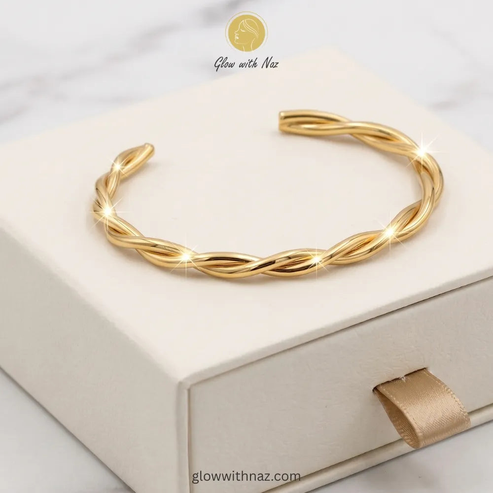 Close-up view of twisted rope texture on gold cuff
