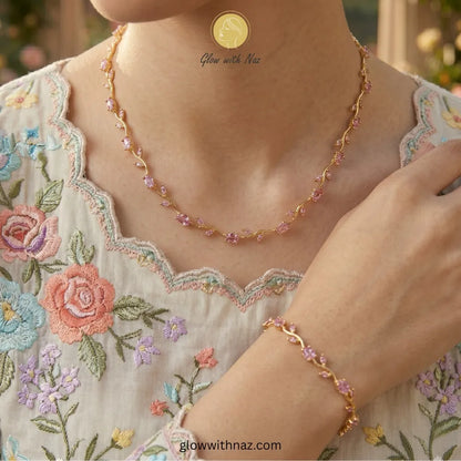 Complete floral vine pink stone necklace and bracelet set - Glow with Naz