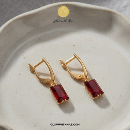 Minimalist Cylinder Ruby Drop Hoop Earrings for Girls