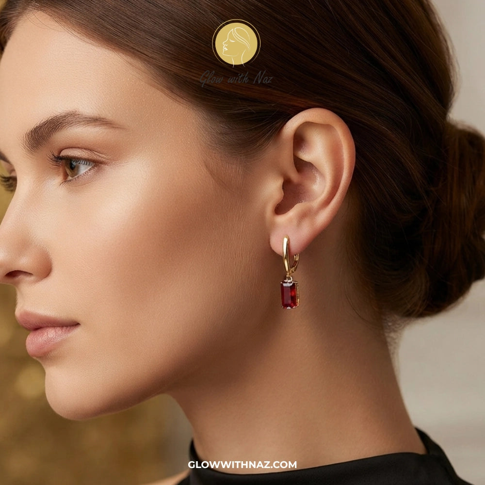 Minimalist Cylinder Ruby Drop Hoop Earrings for Girls