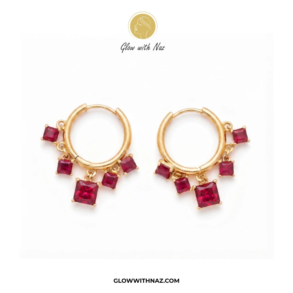Minimal Stainless Steel Ruby Square Drop Hoops Earrings for Women