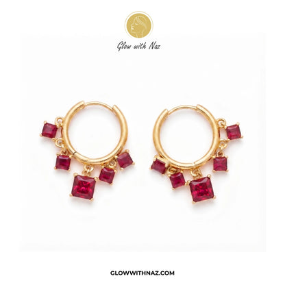 Minimal Stainless Steel Ruby Square Drop Hoops Earrings for Women