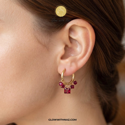 Minimal Stainless Steel Ruby Square Drop Hoops Earrings for Women