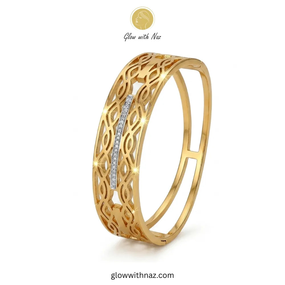 Elegant filigree gold bangle with diamond-look bar by Glow with Naz