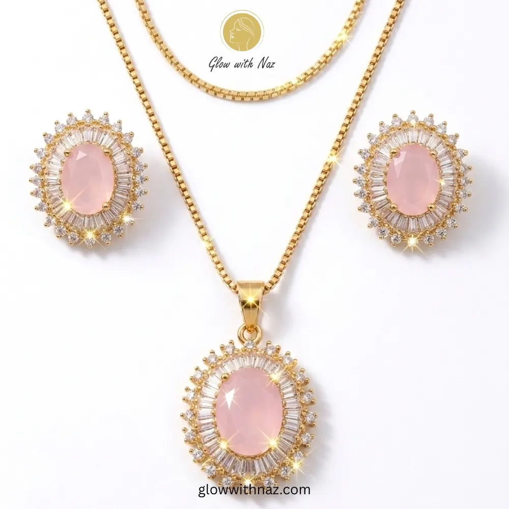 Elegant rose pink halo pendant necklace and earring set by Glow with Naz