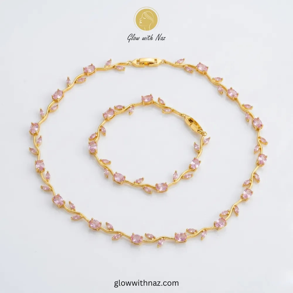 Floral Vine Pink Stone Jewelry Set by Glow with Naz - Artificial Jewellery Pakistan