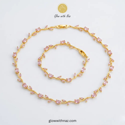 Floral Vine Pink Stone Jewelry Set by Glow with Naz - Artificial Jewellery Pakistan