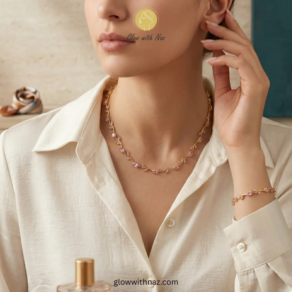 Floral vine jewelry set styled for a feminine look - Glow with Naz Jewelry