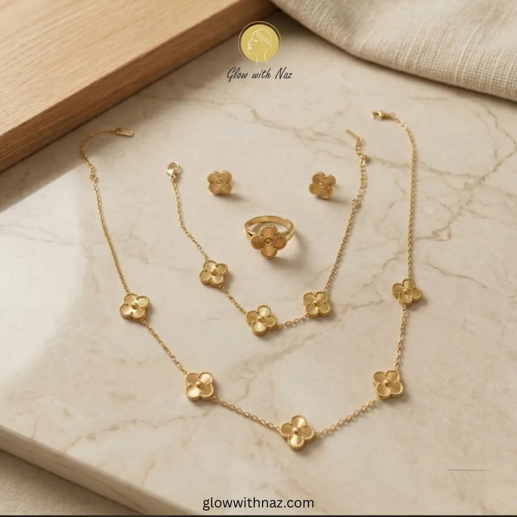 Four-Golden Clover Stainless Steel Jewelry Set – Necklace, Earrings, Ring & Bracelet