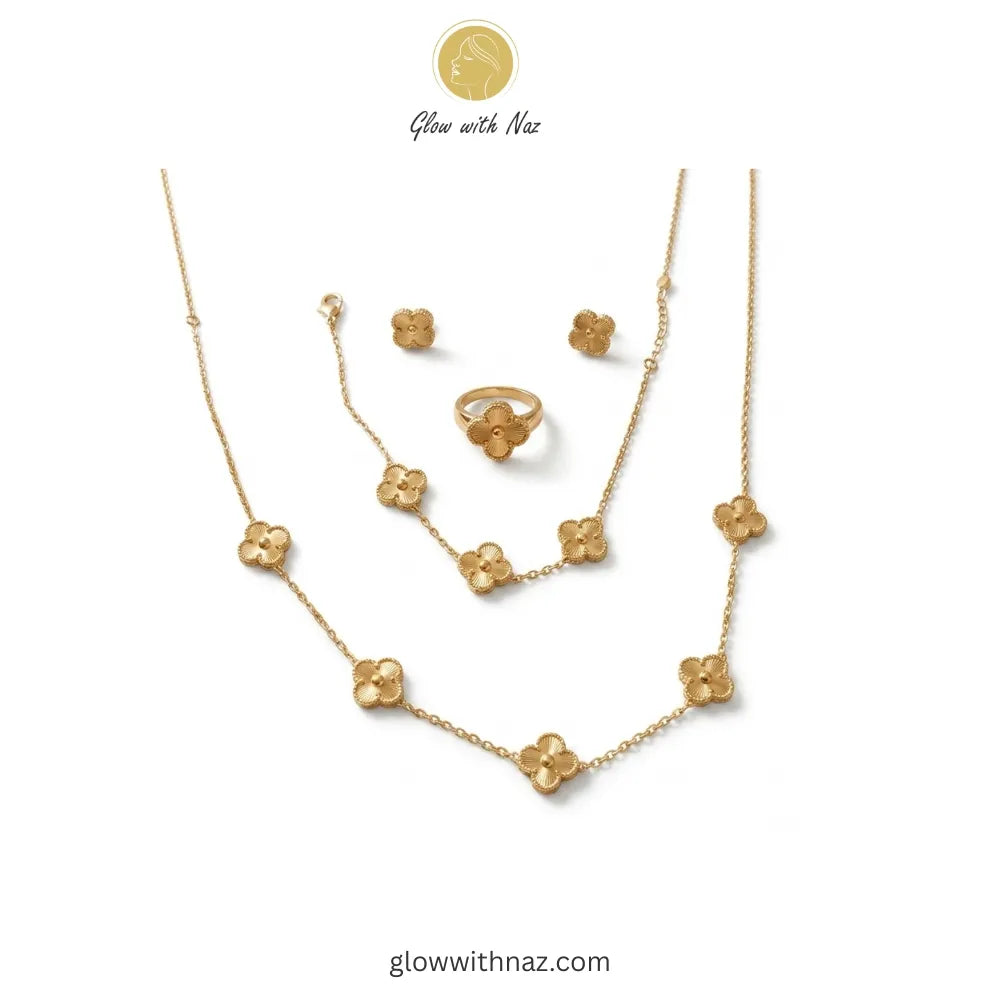 Four-Leaf Gold Jewellery Set – Necklace, Earrings, Ring & Bracelet