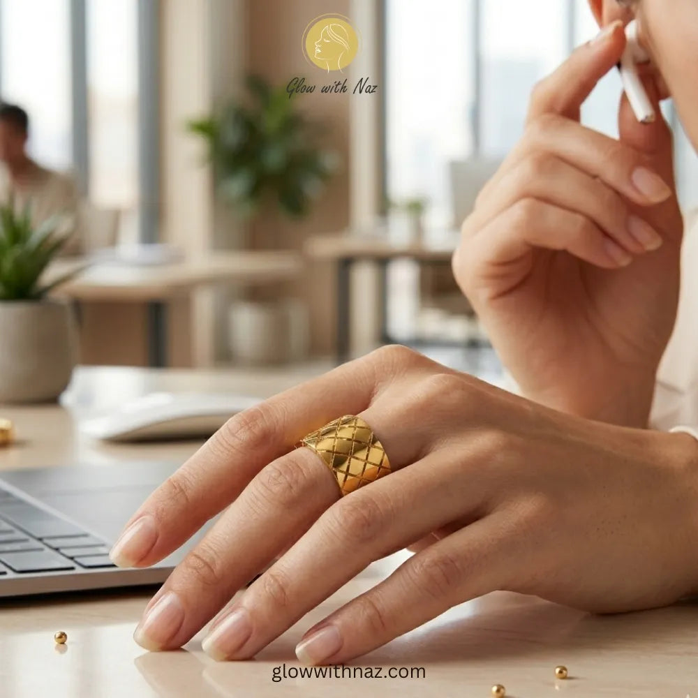 Free Size Gold Diamond Pattern Wide Band Ring