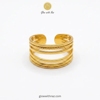 A stylish, free-size gold ring with a layered band design, perfect for stacking or solo wear.