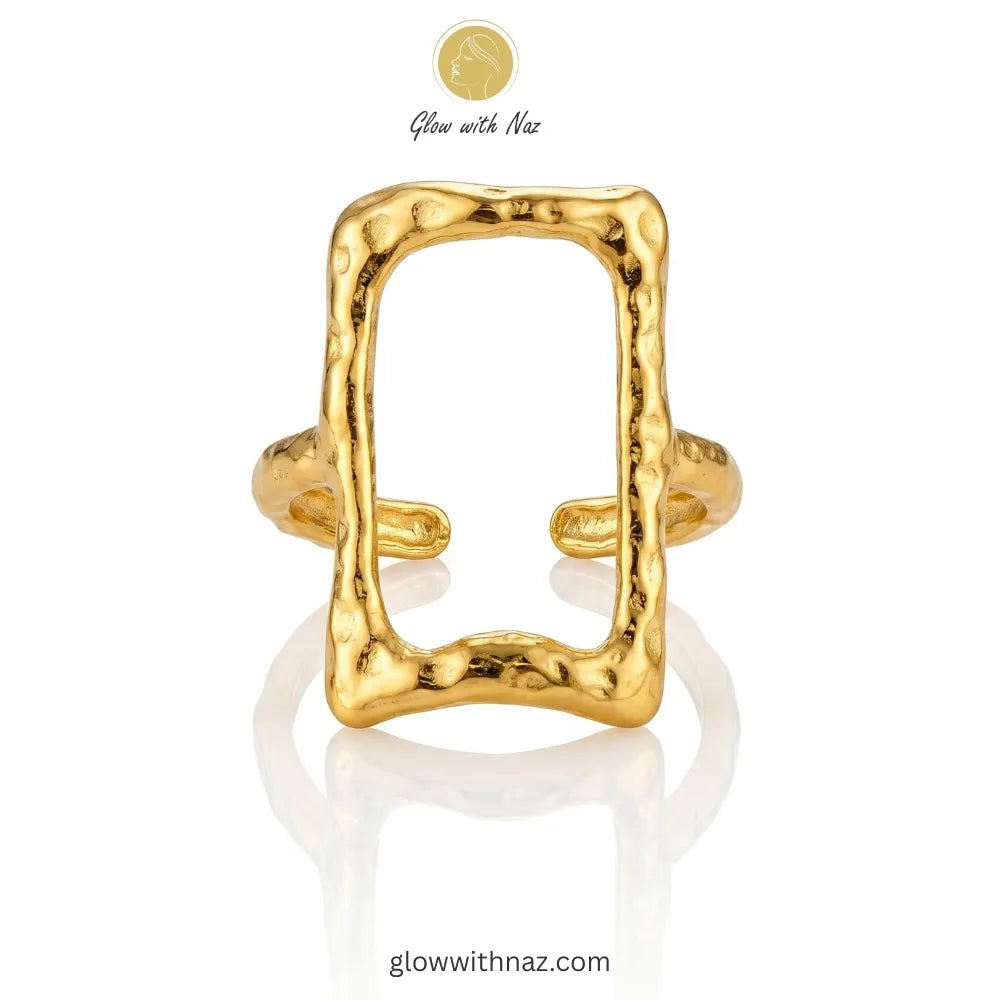 A stylish, free-size gold ring showcasing a hammered open frame, perfect for modern minimalist styling.