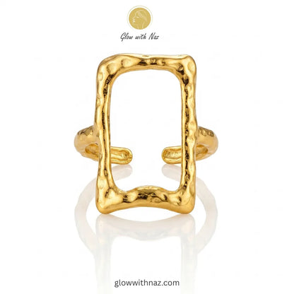 A stylish, free-size gold ring showcasing a hammered open frame, perfect for modern minimalist styling.