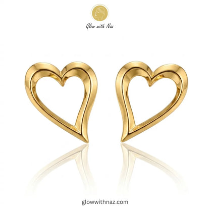 Front view of elegant gold open-frame heart studs for casual or formal wear