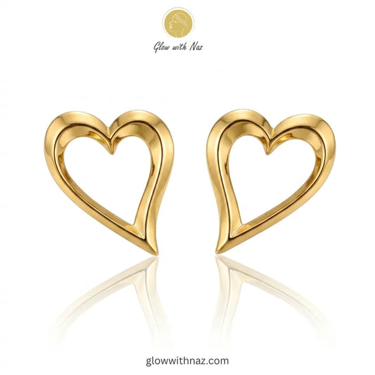 Front view of elegant gold open-frame heart studs for casual or formal wear