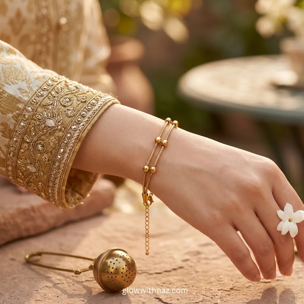 Buy gold beaded double chain bracelet online in Pakistan. Anti-tarnish stainless steel, Thai imported, colour guaranteed