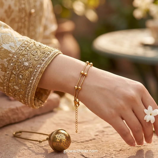 Buy gold beaded double chain bracelet online in Pakistan. Anti-tarnish stainless steel, Thai imported, colour guaranteed