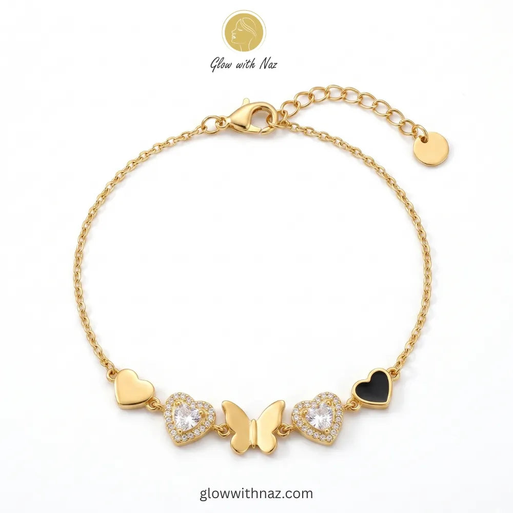 Gold Butterfly & Heart Charm Chain Bracelet