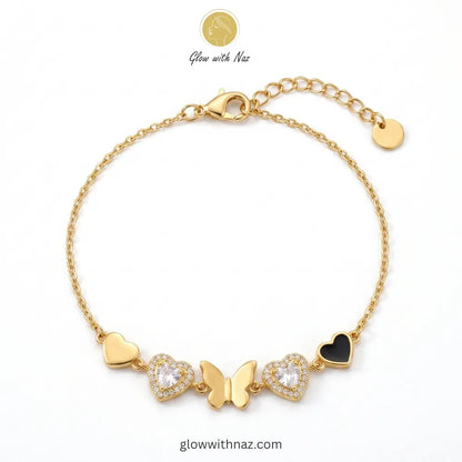 Gold Butterfly & Heart Charm Chain Bracelet
