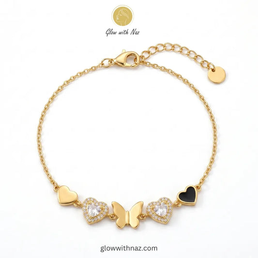 Gold Butterfly & Heart Charm Chain Bracelet