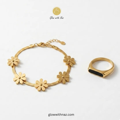 Gold Daisy Flower Bracelet & Black Enamel Signet Ring Deal Offer in Pakistan – Anti-Tarnish Stainless Steel Combo | Glow with Naz