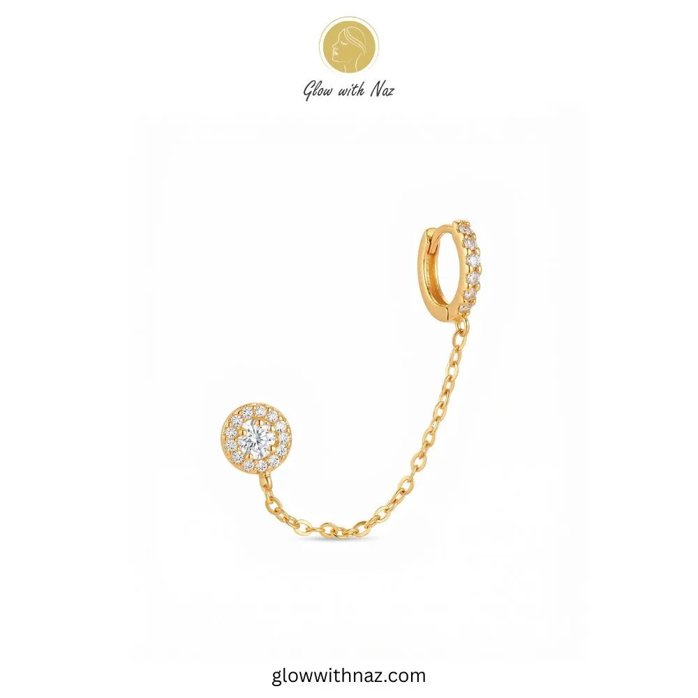 Gold Diamond CZ Double Piercing Chain Earring