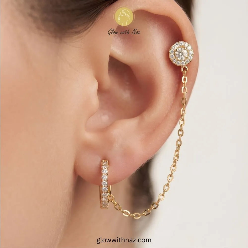 Gold Diamond CZ Double Piercing Chain Earring – Glow With Naz