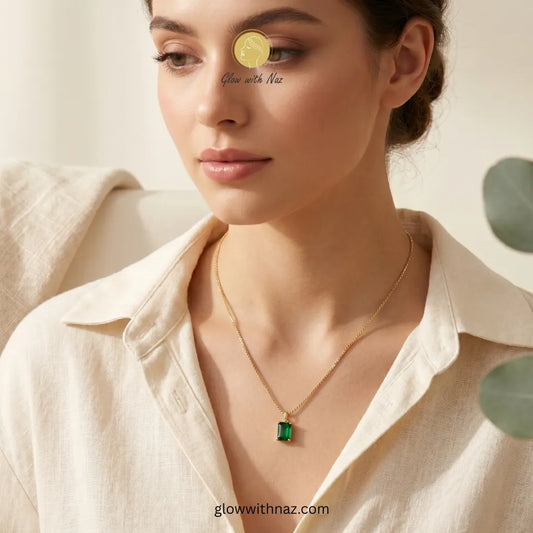 Gold Emerald Green Rectangular Pendant Necklace Online Pakistan | Glow with Naz