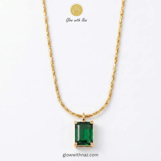 Gold Emerald Rectangle Pendant Necklace