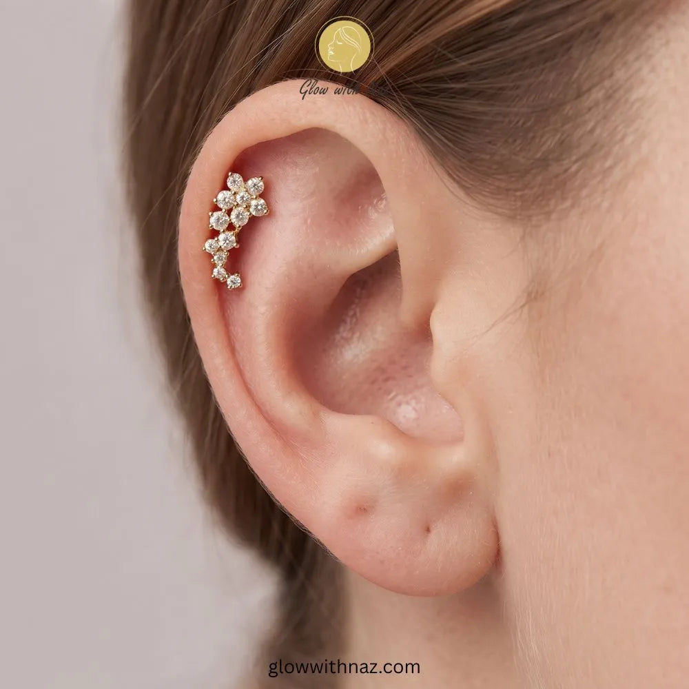 Gold Falling Star CZ Helix Cartilage Barbell Piercing