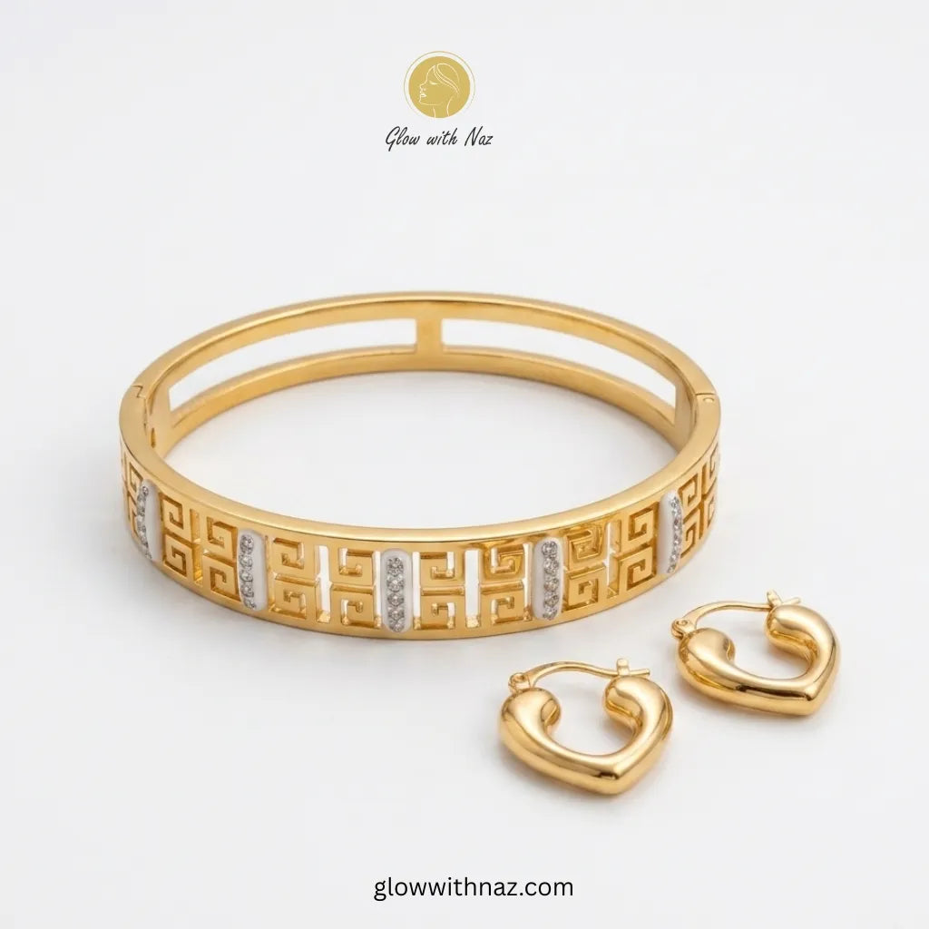 Gold Greek Key Crystal Bangle & Heart Hoop Earrings Deal Offer in Pakistan – Anti-Tarnish Stainless Steel Combo | Glow with Naz