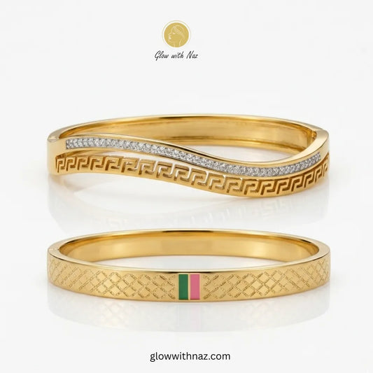 Gold Greek Key Crystal & Diamond Pattern Enamel Bangle Deal Offer in Pakistan – Anti-Tarnish Stainless Steel Combo | Glow with Naz