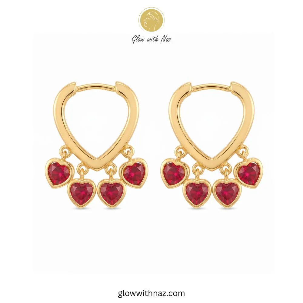 Gold Heart Hoop Ruby Crystal Charm Earrings