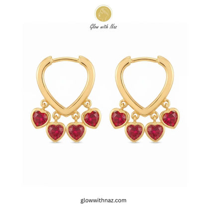 Gold Heart Hoop Ruby Crystal Charm Earrings