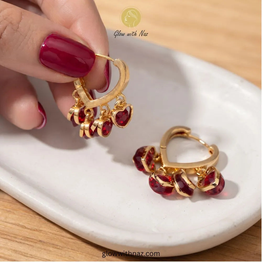 Gold Heart Hoop Ruby Crystal Charm Earrings – Glow With Naz