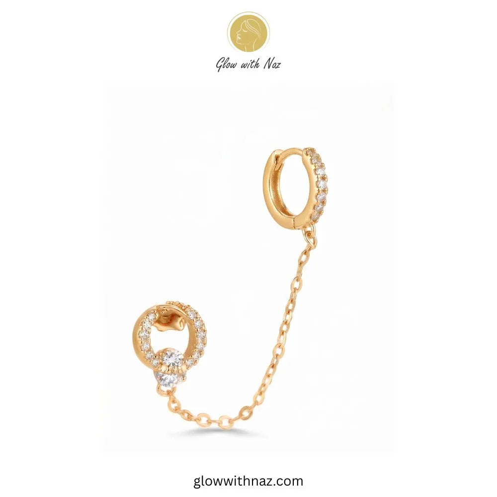 Gold Hollow Ring CZ Double Piercing Chain Earring – Glow With Naz