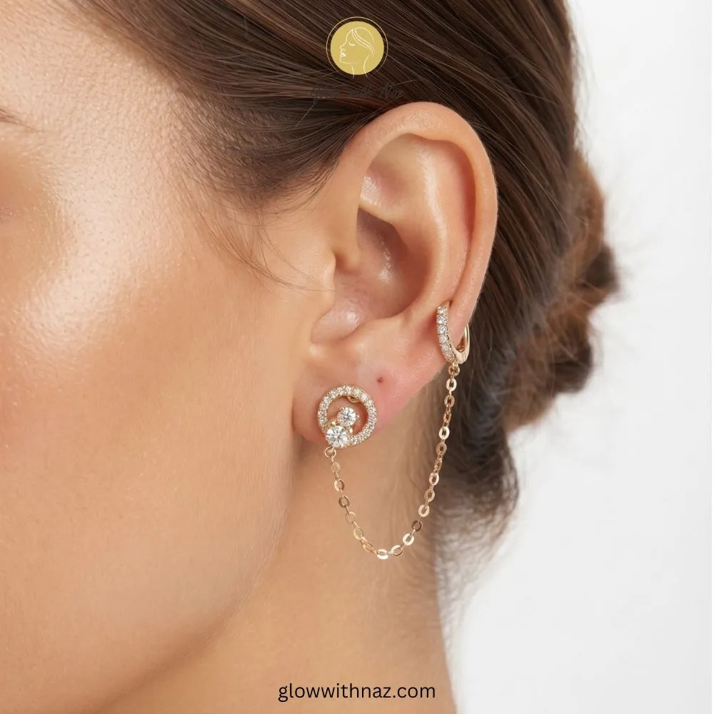 Gold Hollow Ring CZ Double Piercing Chain Earring – Glow With Naz