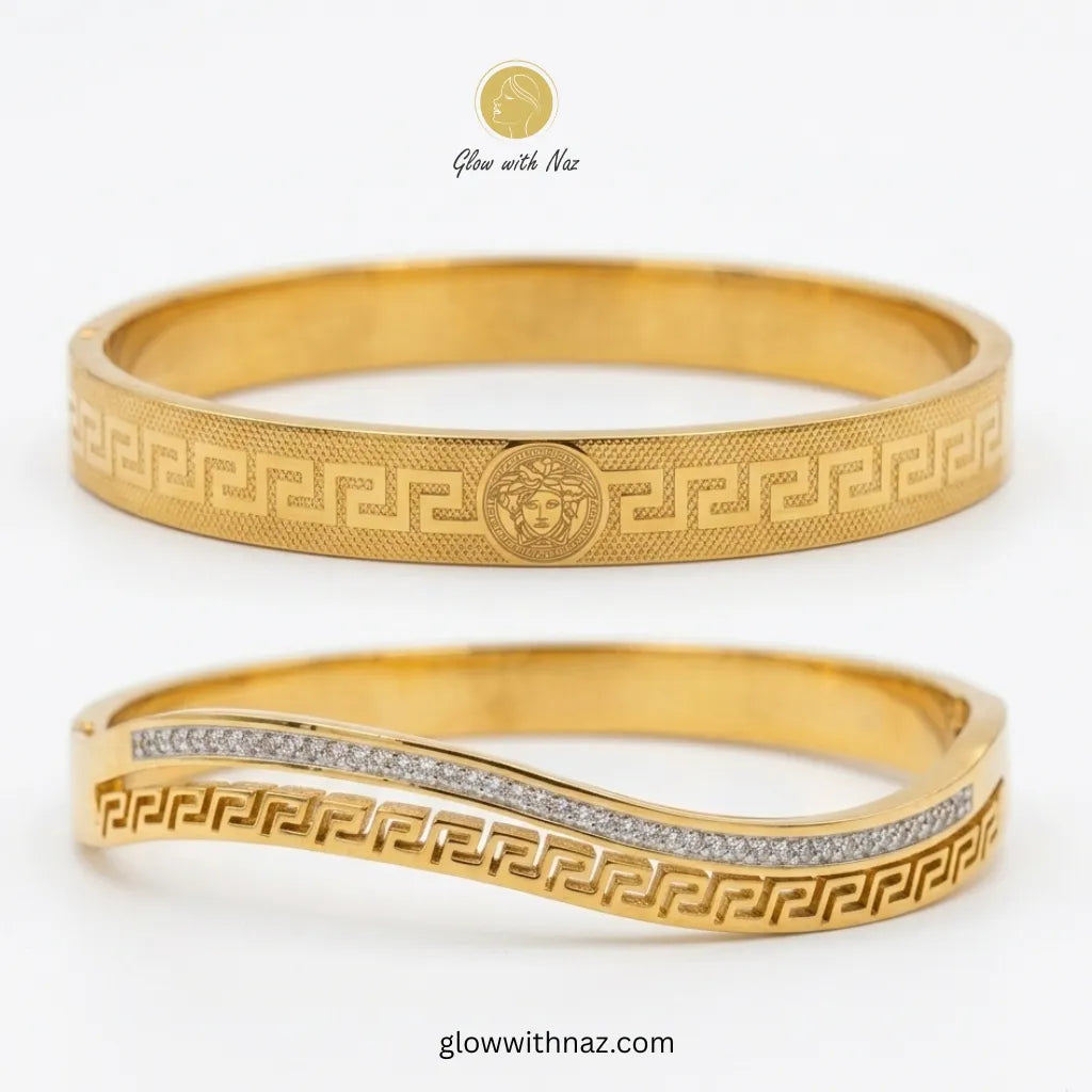 Gold Medusa Greek Key Bangle & Crystal Wave Bangle Deal Offer in Pakistan – Anti-Tarnish Stainless Steel Combo | Glow with Naz
