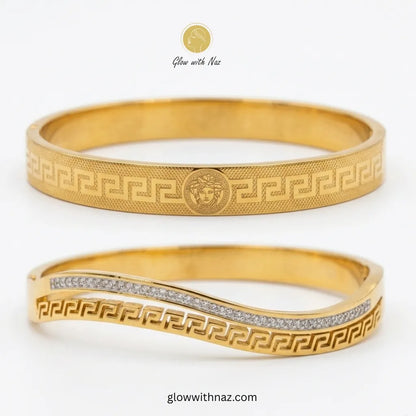 Gold Medusa Greek Key Bangle & Crystal Wave Bangle Deal Offer in Pakistan – Anti-Tarnish Stainless Steel Combo | Glow with Naz