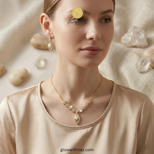 Gold Plated Radiant Blossom Zircon Necklace Jewelry Set glow with naz necklace, pendant necklace, necklace set, locket set, simple necklace, pendant set, pendant, chain necklace, diamond pendant, diamond necklace, locket necklace, neck chain, girls locket, heart locket, pendant for girls, necklace for girls, heart necklace, locket for girls, diamond locket, pendant necklace for girls, heart chain locket, stainless steel necklace, double chain necklace, ruby necklace, neck chain for girls, locket design, pen