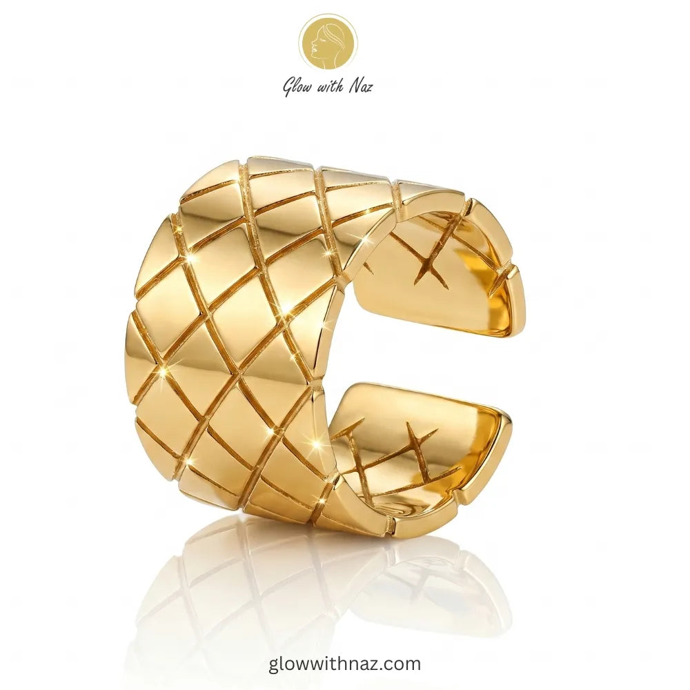 Gold Quilted Diamond Pattern Wide Cuff Adjustable Free Size Ring Online Pakistan | Glow with Naz