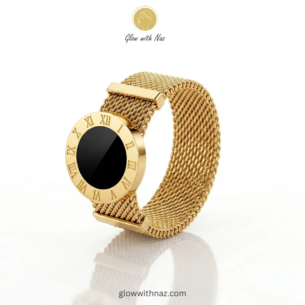 Gold Roman numeral black enamel mesh band ring in 18K gold plated stainless steel, anti-tarnish designer inspired ring available online in Pakistan by Glow with Naz
