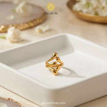 Gold Sculptural Teardrop Statement Ring – Pure Stainless Steel