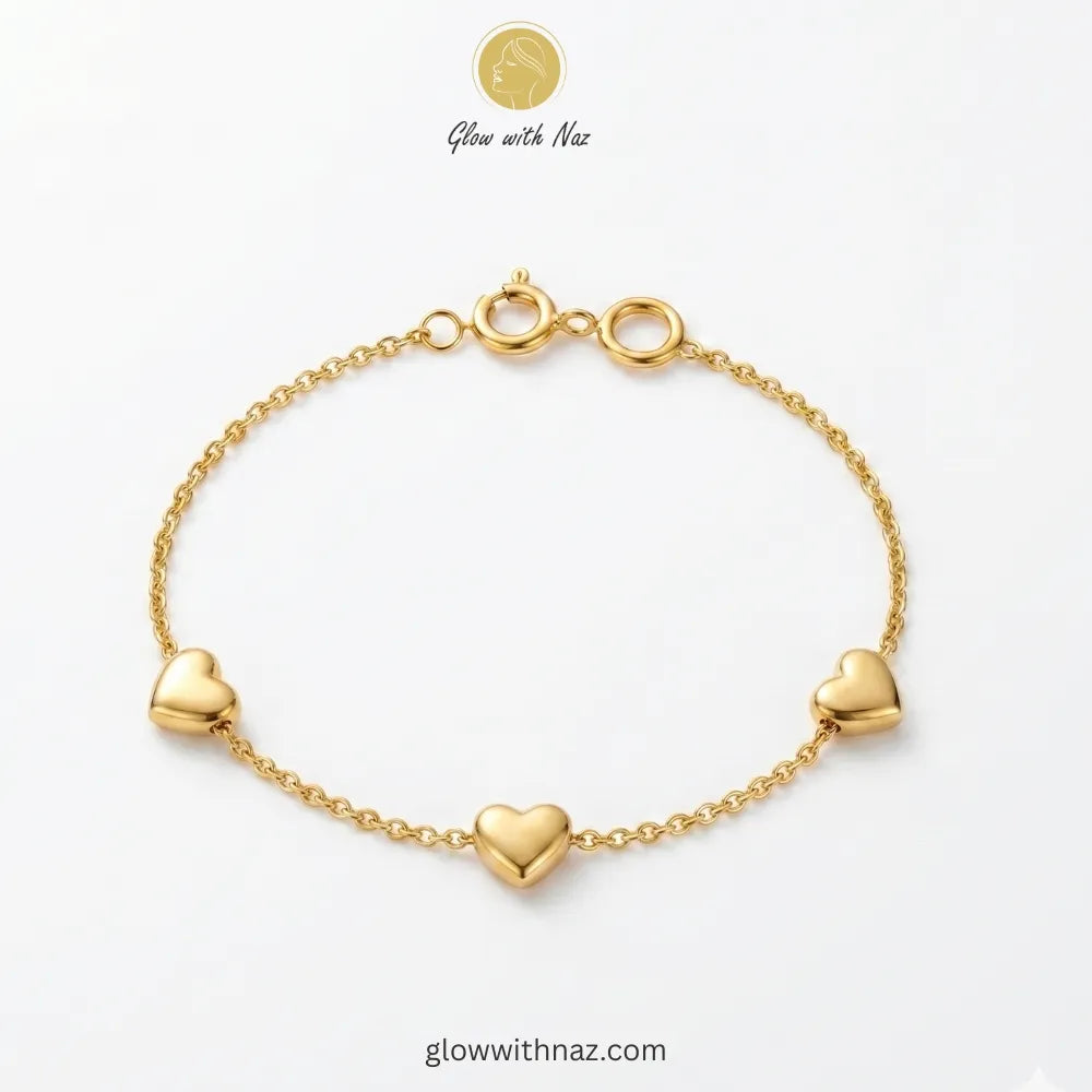 Gold Triple Heart Charm Chain Bracelet