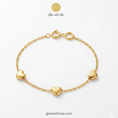 Gold Triple Heart Charm Chain Bracelet