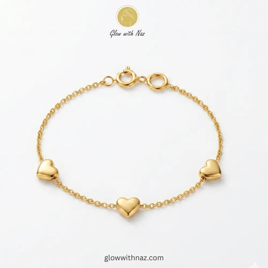 Gold Triple Heart Charm Chain Bracelet