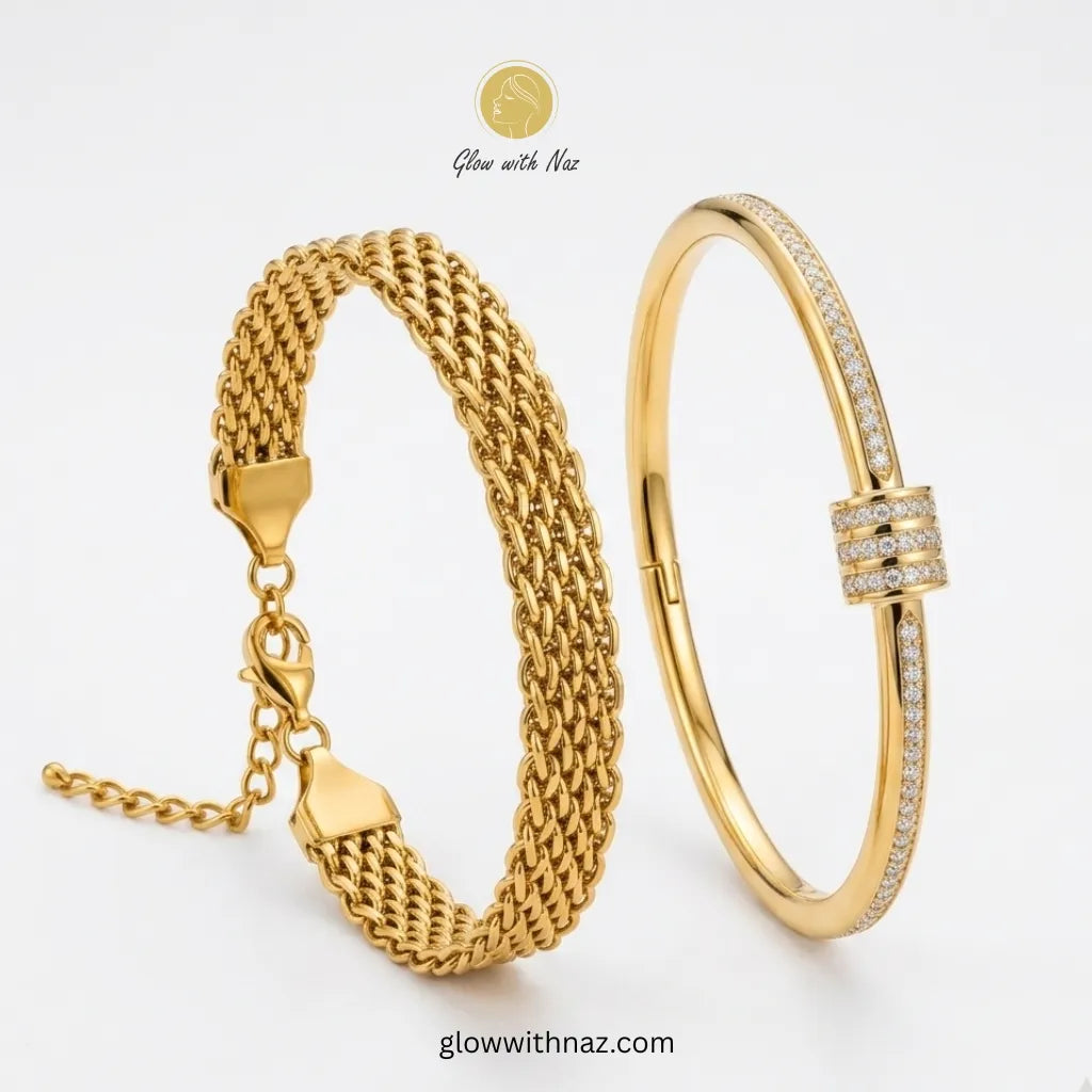 Gold Woven Mesh Bracelet & Crystal Nail Bangle Deal Offer in Pakistan – Anti-Tarnish Stainless Steel Combo | Glow with Naz