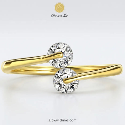 Gold double zircon bypass adjustable free size ring in 18K gold plated stainless steel, anti-tarnish diamond style ring available online in Pakistan by Glow with Naz, ring, girls rings, rings for girls, rings simple, simple rings, stainless steel jewelry, jewellery set, aesthetic jewelry, simple jewellery, chain, jewelry, artificial jewellery, green jewellery, girls jewellery, rings for women, black ring, flower jewellery, chain for girls, jewellery for girls, jewellery