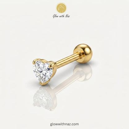 Gold heart zircon stainless steel barbell nose stud with ball back, anti-tarnish diamond style nose pin available online in Pakistan by Glow with Naz